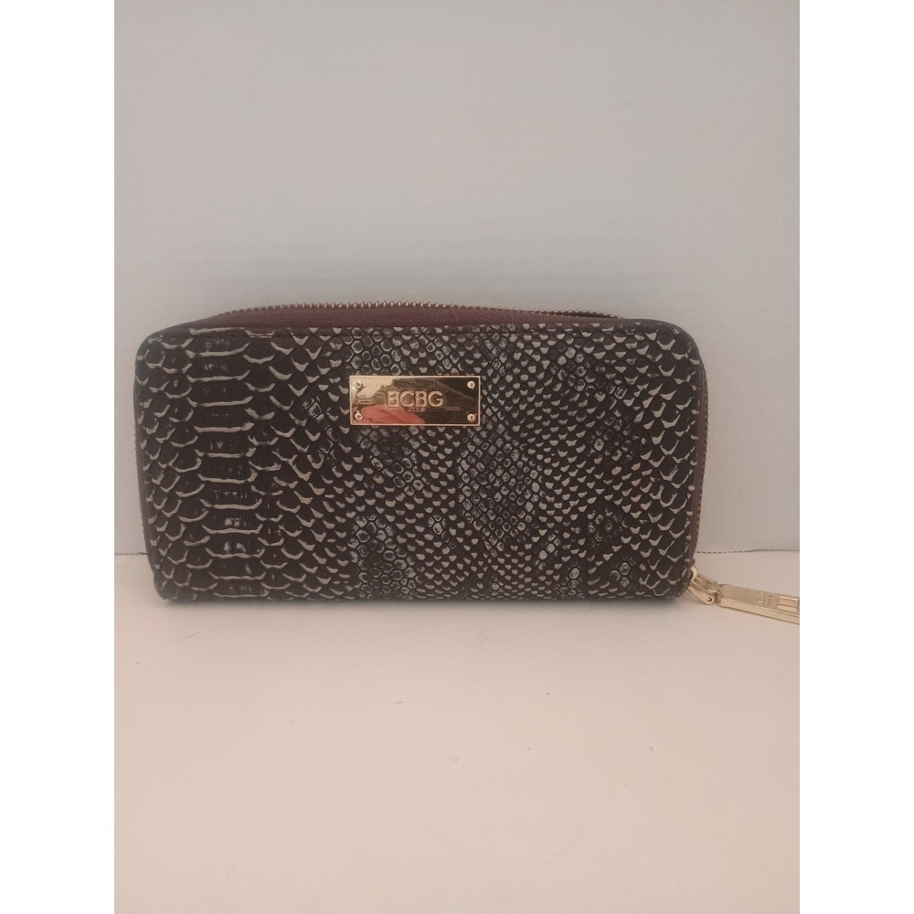 BCBG Paris Brown Faux Snakeskin Zip Around Wallet With Logo Accent Accent